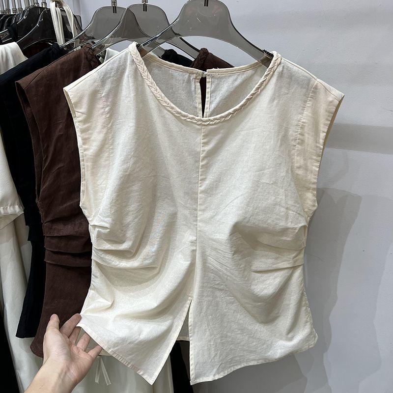 Áo Sơ Mi Vải Lanh Cotton, Không Tay Xếp Ly Dành Cho Phụ Nữ, Thiết Kế Cao Cấp, Áo Cánh Thắt Lưng, Tay Áo Rung, Hàng Mới Về Mùa Hè 2024 4
