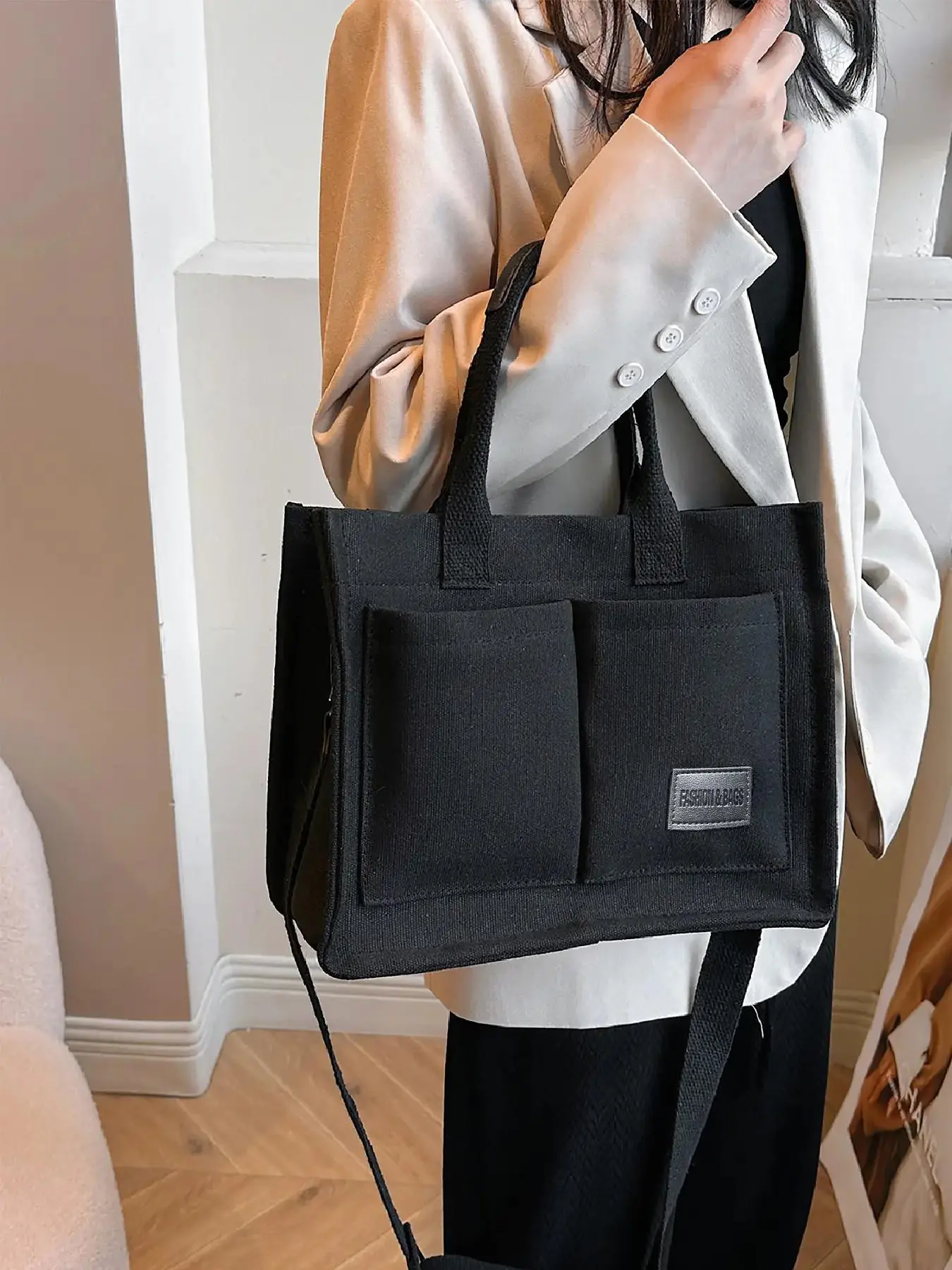 Women's Spring Plain Color Large Capacity Tote Bag, Casual Trendy Multi-pocket Design Shoulder Bag, Fashion Crossbody Bag with Adjustable Strap for Trip & Business & School