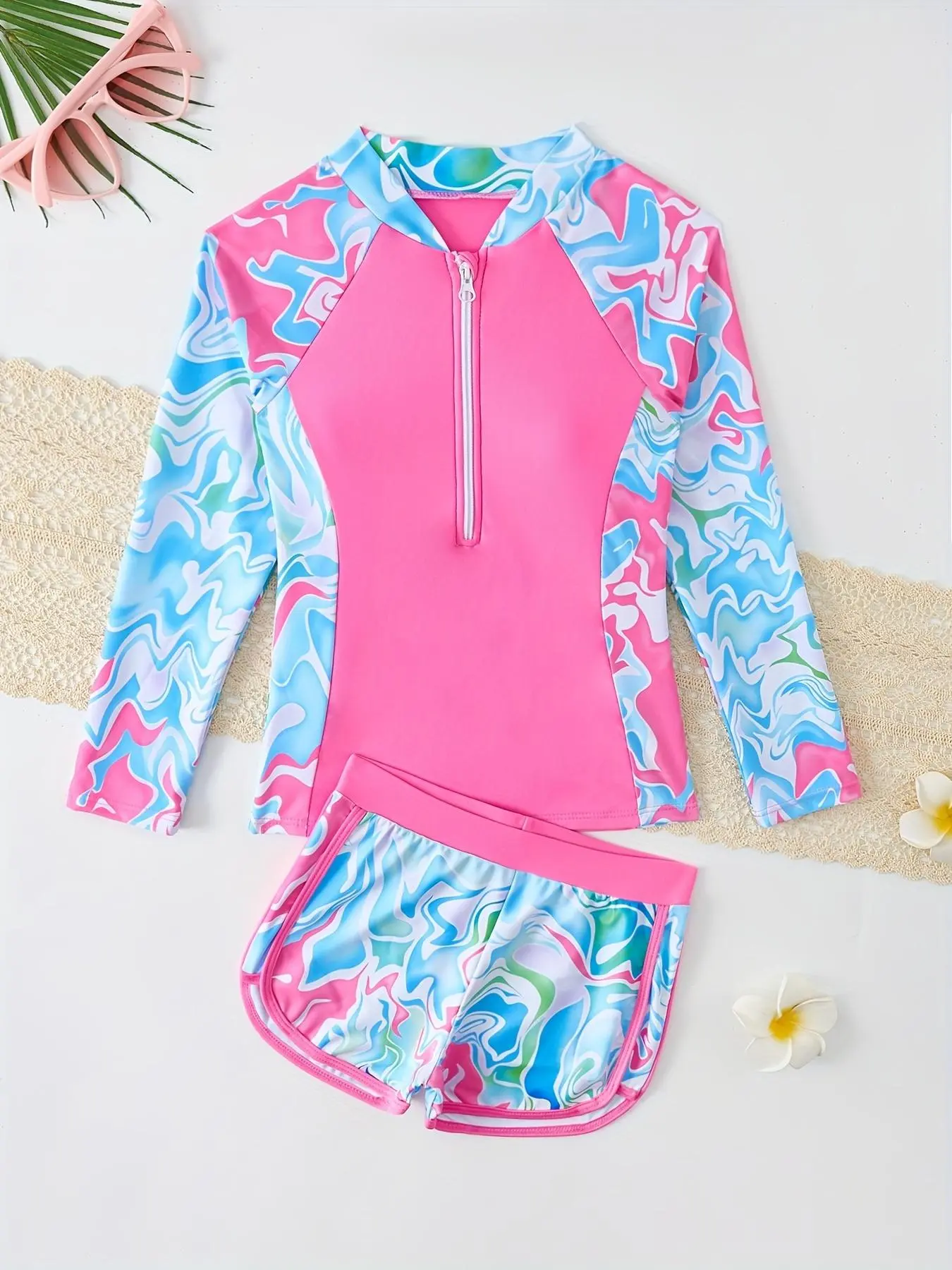 Girl's Zip Swim Top & Swim Shorts Set, Casual Long Sleeve Swim Top & Swim Shorts Swimsuit Set, Kids Swimwear for Beach Holiday Vacation