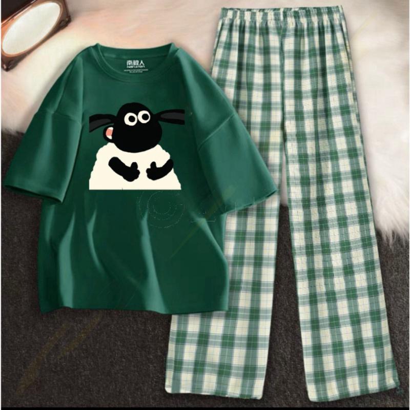 [FREESHIP] Sét áo phông Cừu trắng Kèm quần karo, Áo thun from rộng, Chất đẹp không xù, quần suông ống rộng  -THỜI TRANG 88A 1