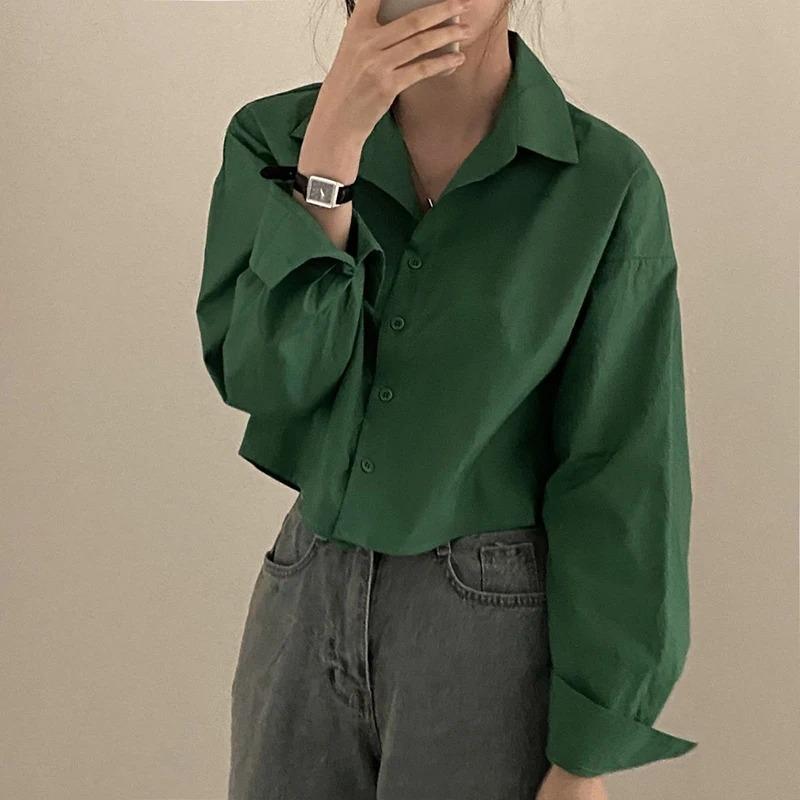 Product Introduction of Fashion Short Shirts Women Korean Chic Loose Solid Color Long Sleeve Crop Tops Female Casual Elegant Button Split Turn Down Collar Blouse 13