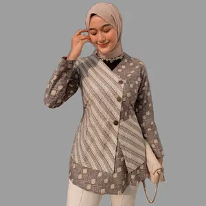Atasan Blouse Batik Wanita Motif Seno Abu AL Bahan Kain Katun Baju Kombinasi Panjang Printing tunik