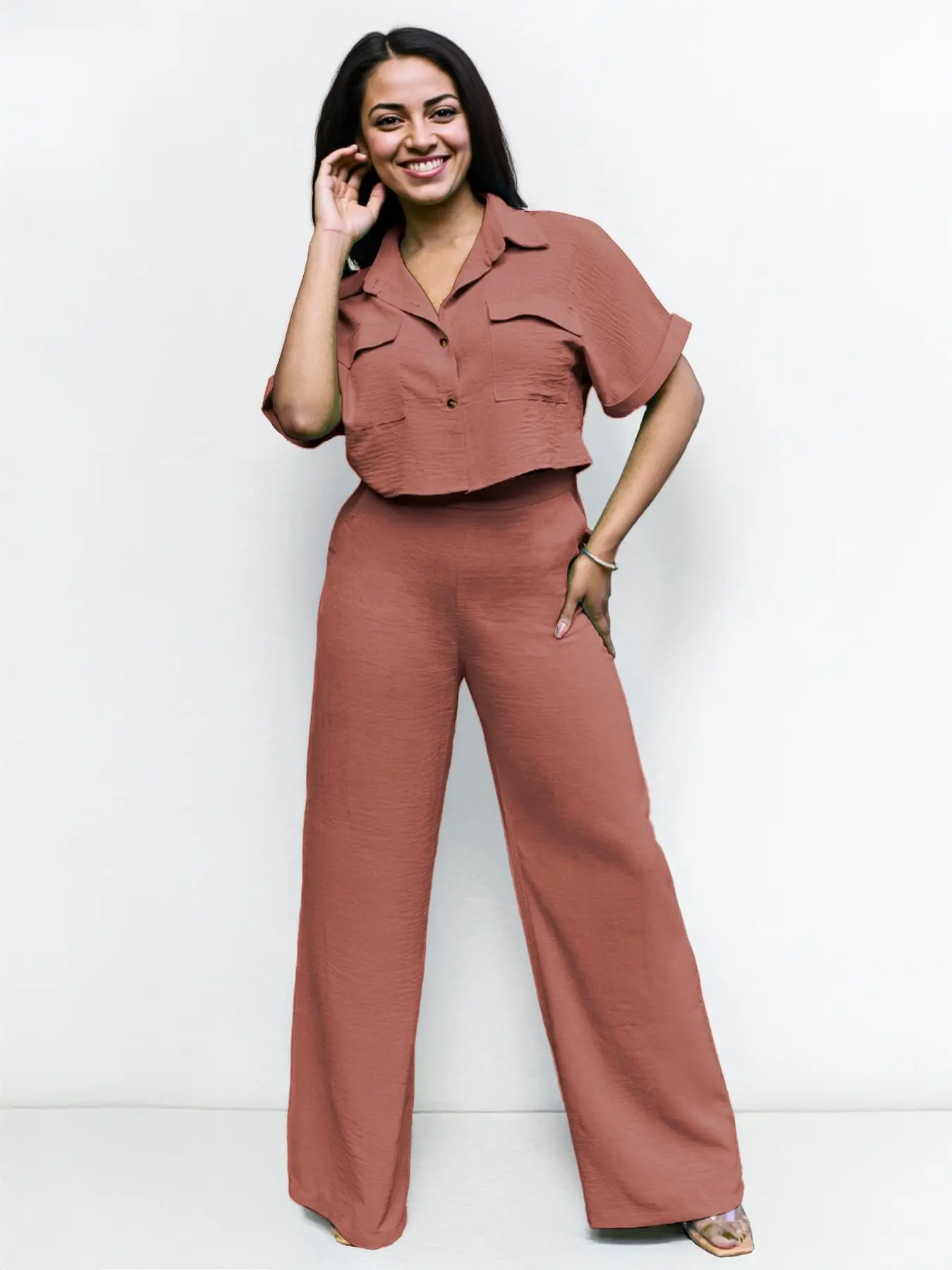 Women's Minimalist Solid Color Short Sleeve Flap Chest Pocket Cropped Shirt & Wide Leg Trousers Co-ord