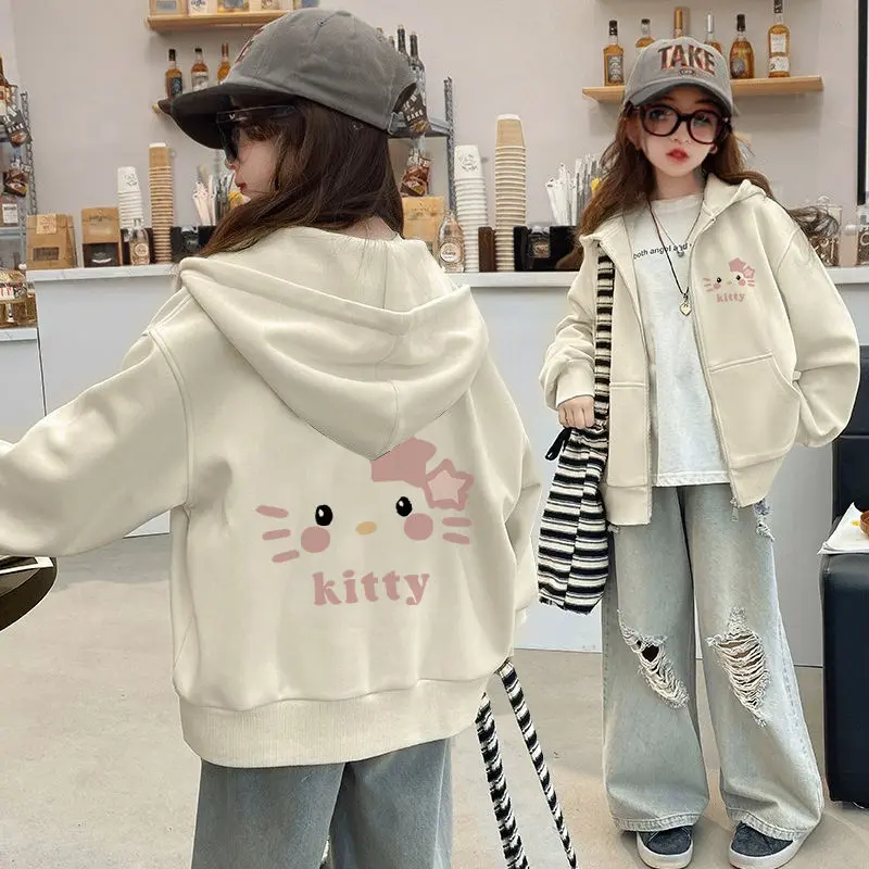 Áo Khoác Nỉ Mèo Kitty Cotton Nguyên Chất Cho Bé Gái, Áo Cardigan Trẻ Em Lớn Mùa Thu Đông, Áo Lông Cừu Có Khóa Kéo, Hợp Xu hướng, Năm 2025 [1019 Đánh Giá Tích Cực]