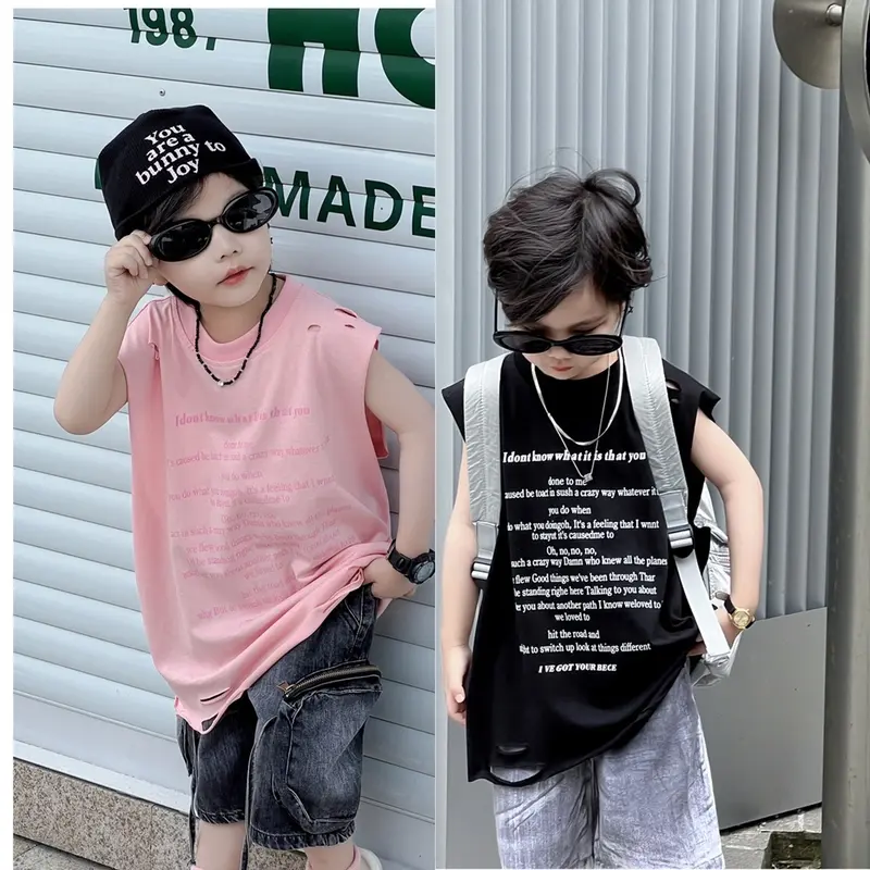 ÁO TANK TOP RÁCH VAI HAI MÀU HỒNG VÀ XANH CHẤT COTTON MỀM MÁT PHONG CÁCH CHO BÉ TRAI VÀ BÉ GÁI Vải Cotton 0