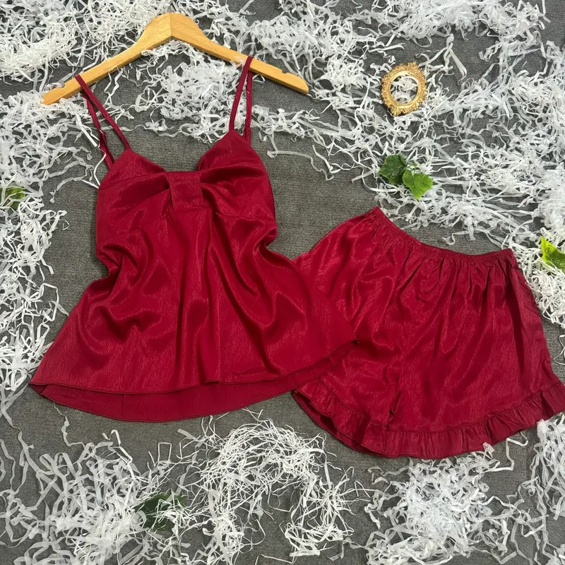 Bộ Đồ Ngủ Nữ 2 Dây Có tăng Chỉnh Xếp Nơ Quần Bèo Chất Vải Gấm Xước LB55 Nhung 0