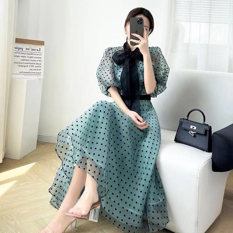 2023 Versi Korea Baru dari Gaun Polidar Lengan Polidar/Busur Angkung Rok Tanah Casual Sifon Satin Wanita Panjang Hitam Dress Pendek Midi Retro 3