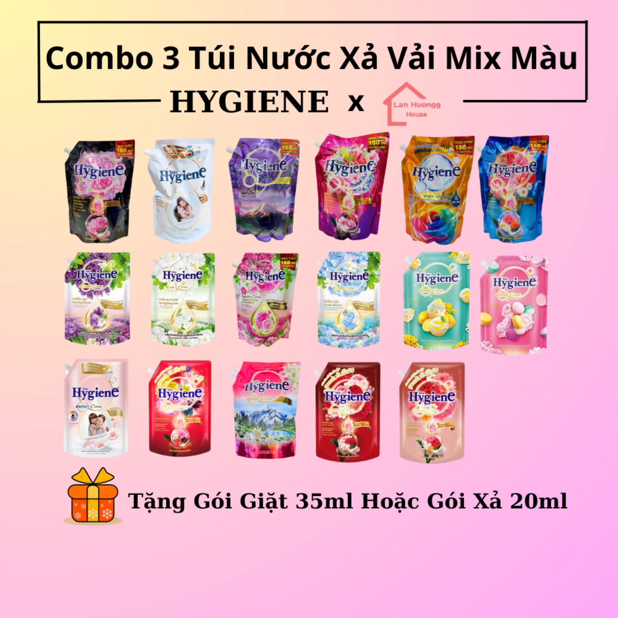 Combo 3 Túi Nước Xả Vải Hygiene Mix Màu 1300ml/Túi Tặng Gói Xả 20ml Làm Thơm Làm Sạch Kem nuoc  xahygiene