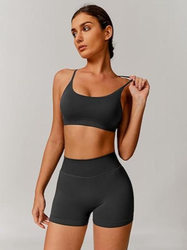 Women's Criss Cross Backless Crop Sports Bra & High Waist Shorts Sports Set, Breathable Comfortable Sports Set for Yoga Gym Workout Running, Ladies Sportswear for All Seasons 4