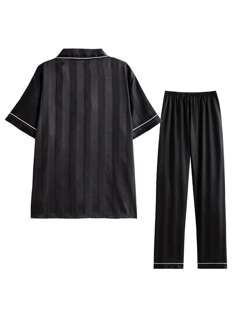 Product Introduction of Women's Striped Print Satin Pyjama Set, Button Front Short Sleeve Top & Elastic Waist Pants Pyjama Set, Casual Comfortable Sleepwear Set for Women 2
