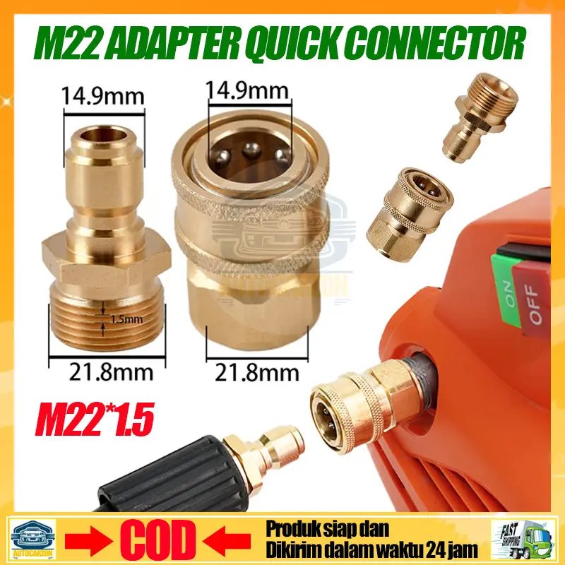 Coupler Nepel Angin Adaptor M22 Male & M22 Female Quick Release Konektor M22 Sepasang Konektor Pencuci Bertekanan Tinggi Bahan Kuningan Diameter 14.9mm