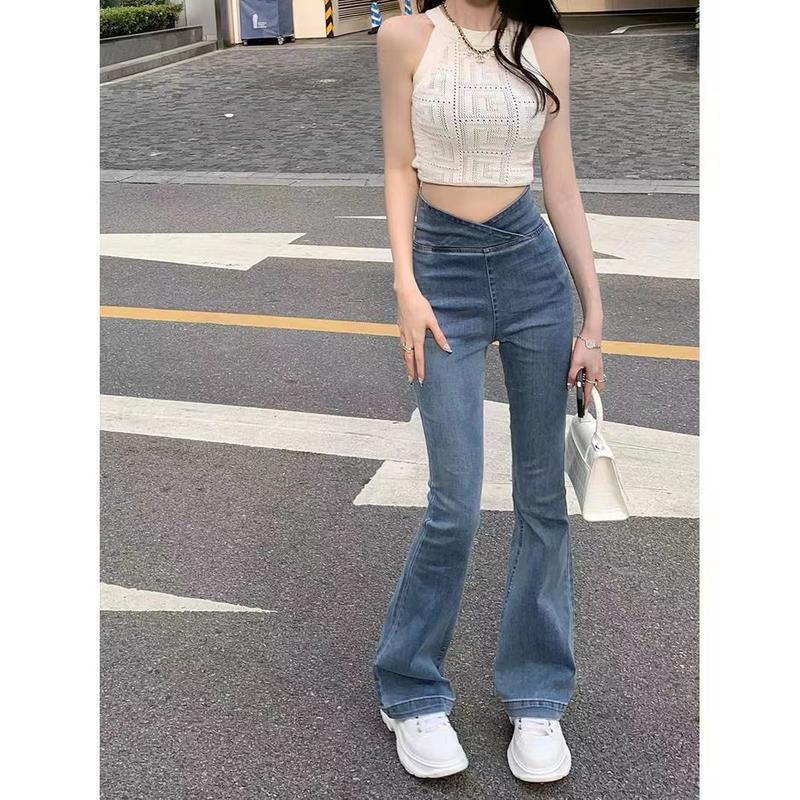 Product Introduction of Tiktok shop- Irregular Jeans Women's High Waist Slim-Fit Skinny V-Shaped Trousers Summer Thin Wide Leg Mopping Bell-Bottom Pants Womenswear Lingerie Lady Streetwear Denim Pockets Basic Fitted Minimalist 7
