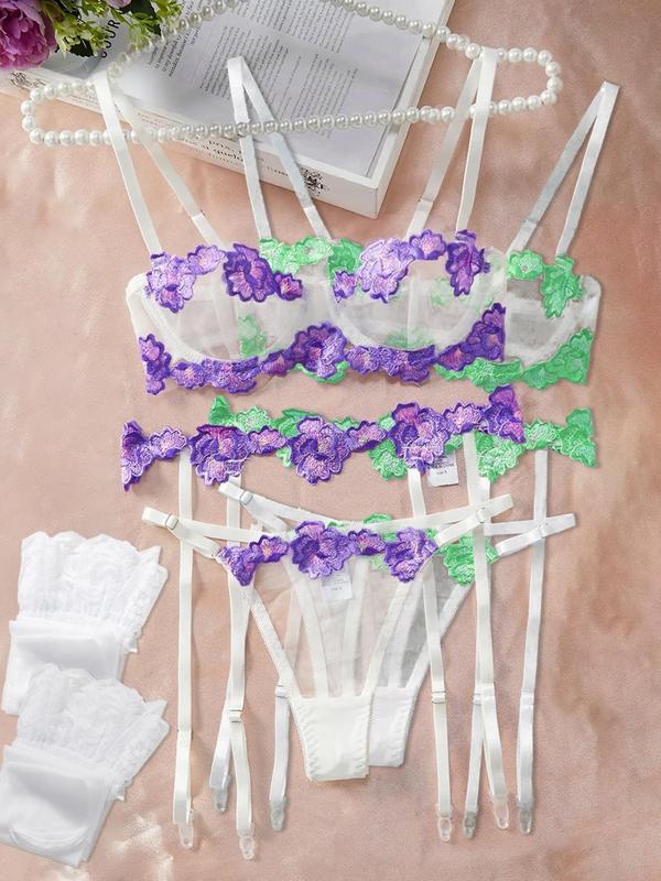 Women's Floral Lace Bra & Thong & Garter Belt & Stockings & Gloves Set, Sexy Comfy Breathable Lingerie Set for Women, Women's Underwear for All Seasons 1