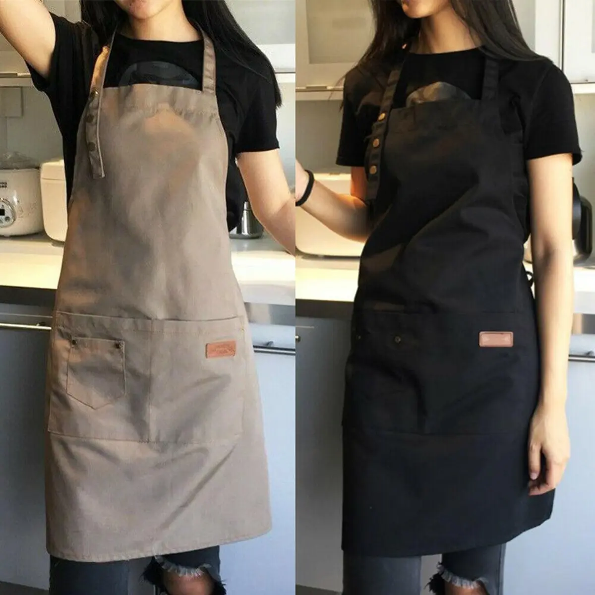 2023 Fashion Canvas Waterproof Apron Coffee Shop Barber Working Bib Kitchen Cooking Aprons BBQ Apron Strap Black