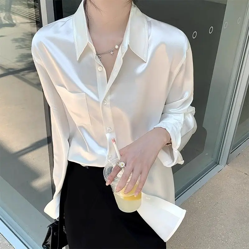 Áo Sơ Mi Satin Lụa Lạnh Bóng Dành Cho Phụ Nữ, Bộ Sưu Tập Mùa Hè, Hàng Mới Về, Cao Cấp, Phong Cách Quý Phái Pháp, Áo Thanh Lịch, Áo Sơ Mi Dài Tay, Thời Trang
