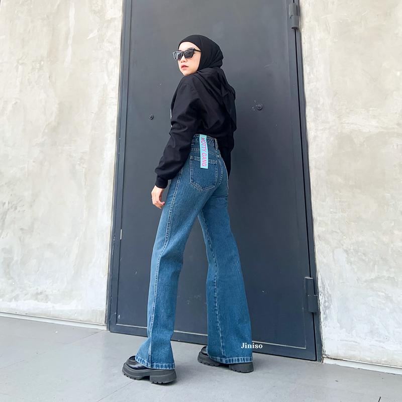JINISO HOTTY GANG - 329 Cutbray Highwaist Celana Jeans Wanita Warna Ocean Blue 3