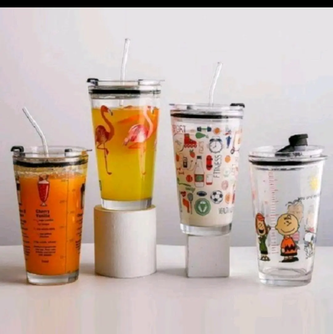 Tumbler kaca motif animal + sedotan bening / glass ware cup