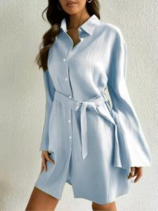 Women's Plain Belted Button Front Dress, Casual Drop Shoulder Long Sleeve Dress for Daily Wear, Ladies Clothes for All Seasons