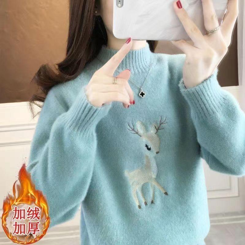 Áo Len Dệt Kim, Len Tương Tự Lông Chồn Màu Xanh Lá Cây, Dành Cho Phụ Nữ, Dáng Rộng Vừa Vặn, Cổ Giả, Dày, Thích Hợp Cho Mùa Thu Và Mùa Đông, Áo Lớp Cơ Sở Cho Phụ Nữ, Thích Hợp Cho Học Sinh, Hàng Mới Về Năm 2024 7