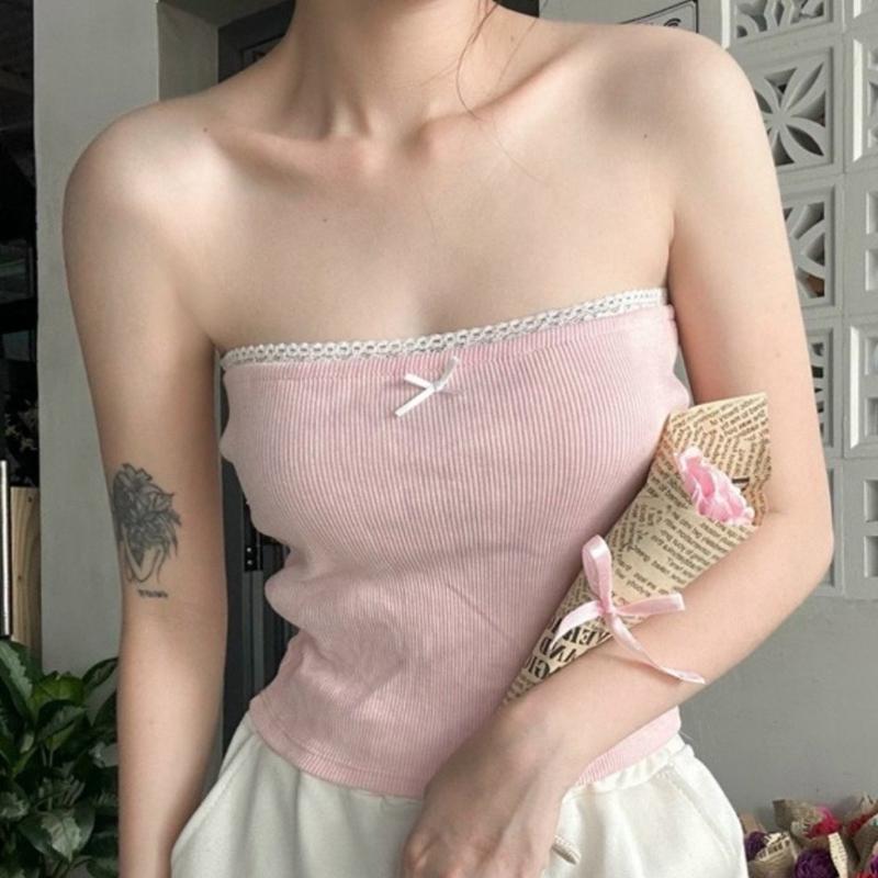 Áo Ống Croptop Quây Ngang Không Mút Ngực Ôm Body Chất Tăm In Hình Nơ - Tube TUANLECLTHING Màu Trắng Nữ Women Ong cá tính Knot T-shirts