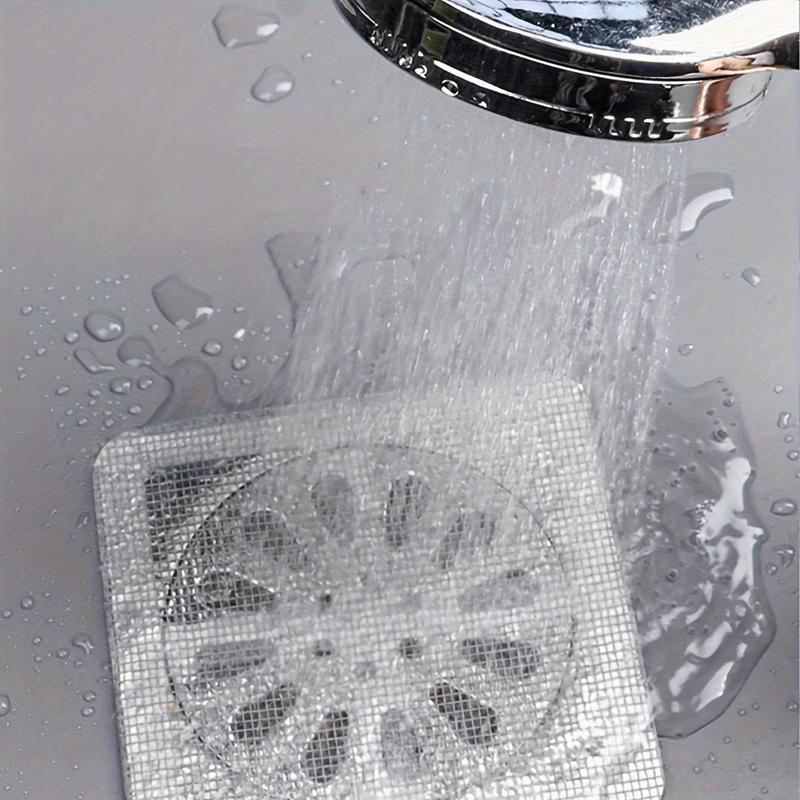Product Introduction of Disposable Shower Drain Hair Catcher, 50pcs/set Disposable Drain Strainer Cover for Shower, Floor Sink Filter Mesh Sticker, Bathroom Accessories 16