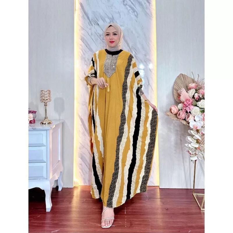 Dress Panjang Kaftan Motif Salur Bahan Rayon Super Tebal Renda Ory Sultan Mewah Wanita Muslim Dewasa Zipper Busui Gamis Lebaran Nyaman tunik syar'i remaja style korea 4