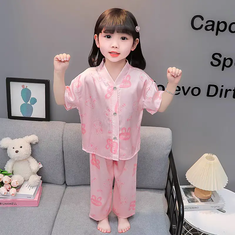 ME BING - [10-25kg] Bộ đồ ngủ lụa sao băng mịn cho bé gái, tay ngắn với những hoạ tiếc xiu đáng yêu, chất mềm mịn mát thích hợp cho mùa hè, bé mặt nhà đi dạo phố. 2