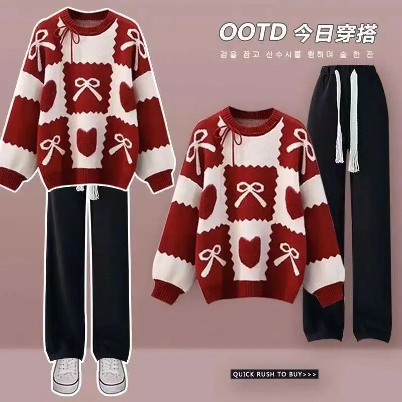 Trang Phục Mùa Thu Và Mùa Đông, Đơn / Bộ Đồ, Phong Cách Hàn Quốc Của Phụ Nữ, Dáng Rộng Rãi, Có Thể Mặc Ngoài Trời, Phong Cách Thường Ngày Áo Len Đỏ, Quần Ống Rộng, Bộ Đồ Hai Mảnh, Thời Trang Top Women 0