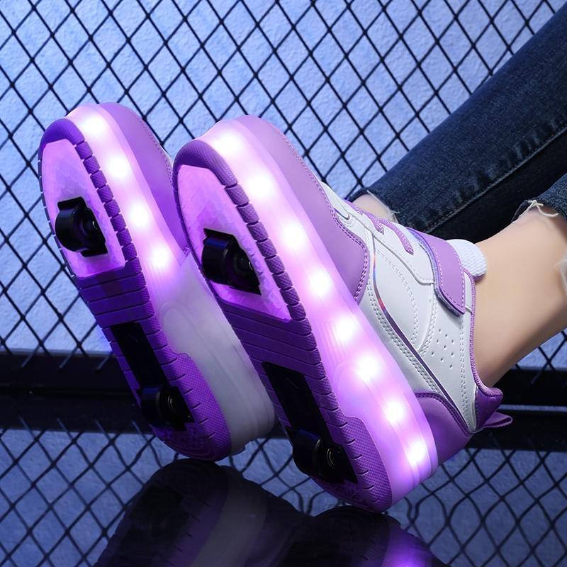 2024 New children's gift two-wheeled walking shoes Light dry comfortable convenient fast wear resistant Velcro double mesh breathable LED light wheel shoes skate shoes 5