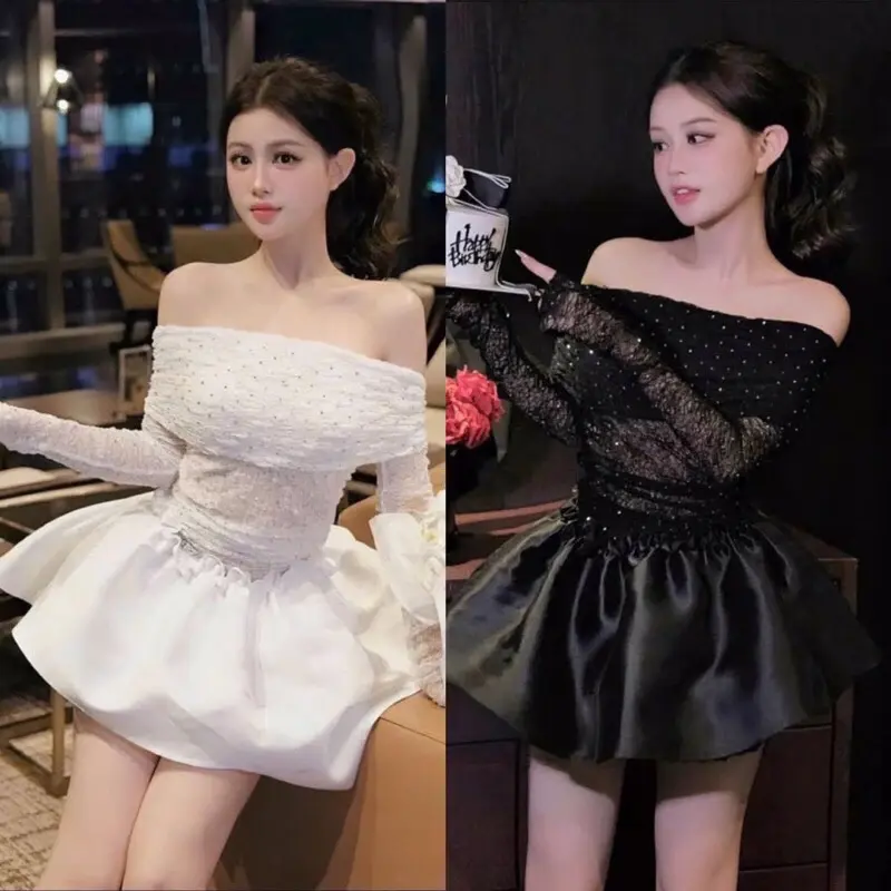 Set áo trễ vai đính đá chân váy takta xoè k5977 Nữ Women Dress Top- kho Sỉ Nhi Uyn