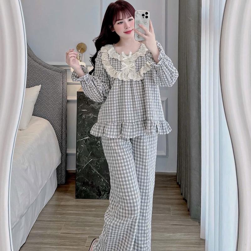 Bộ đồ Mặc nhà Kẻ caro Ren bèo 2 lớp Chất Đũi Thô tiểu thư cho Nữ DD65 Sammy - Quần Ngủ Nữ - Women 7