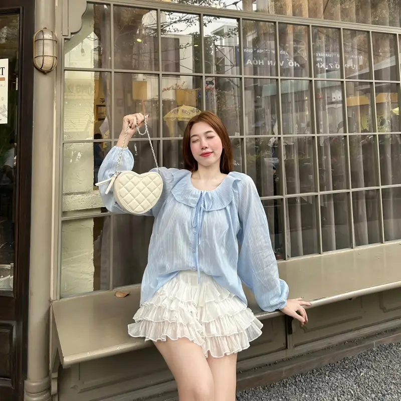 Áo Sơ Mi -GLIBI- Kiểu Dáng Lửng Vừa Cổ Sen Tay Bồng Nữ