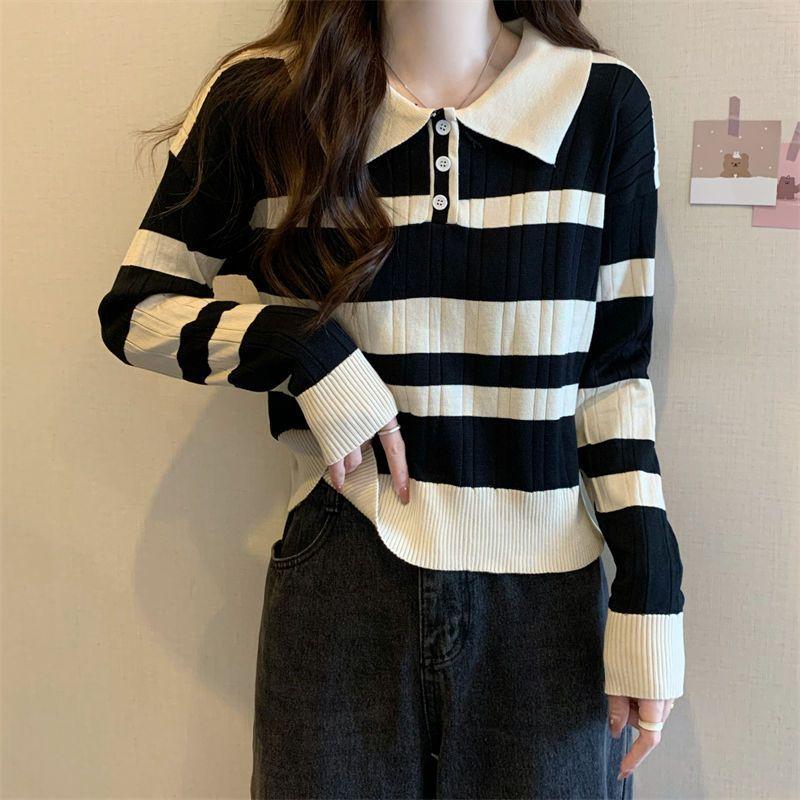 Product Introduction of Striped Polo Collar Knitwear for Women 2024 Spring and Autumn New Contrast Color Design Chic Slim Short Long Sleeve Top Womenswear Lingerie Comfort Knitting Collared 4