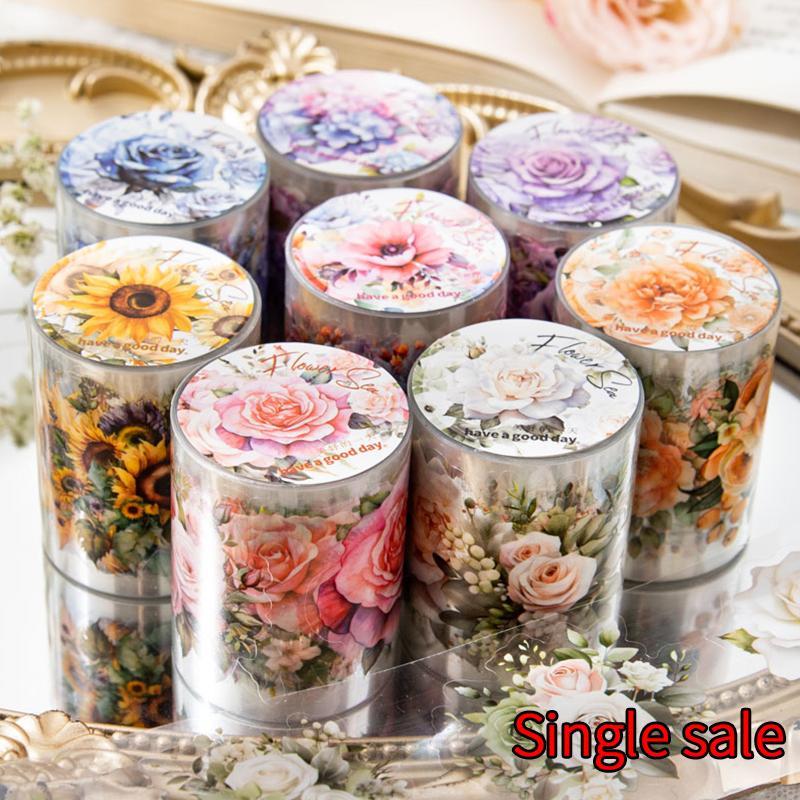 Product Introduction of Random Color Flower Pattern Scrapbooking Sticker (1 Roll), Waterproof PET Decorative Collage Sticker, DIY Scrapbooking Adhesive Sticker Tape, Handmade Crafts 6