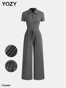 YOZY Women's Solid Drawstring Waist Ribbed Jumpsuit, Casual Pocket Zipper Jumpsuit for Daily Wear, Ladies Clothes for All Seasons