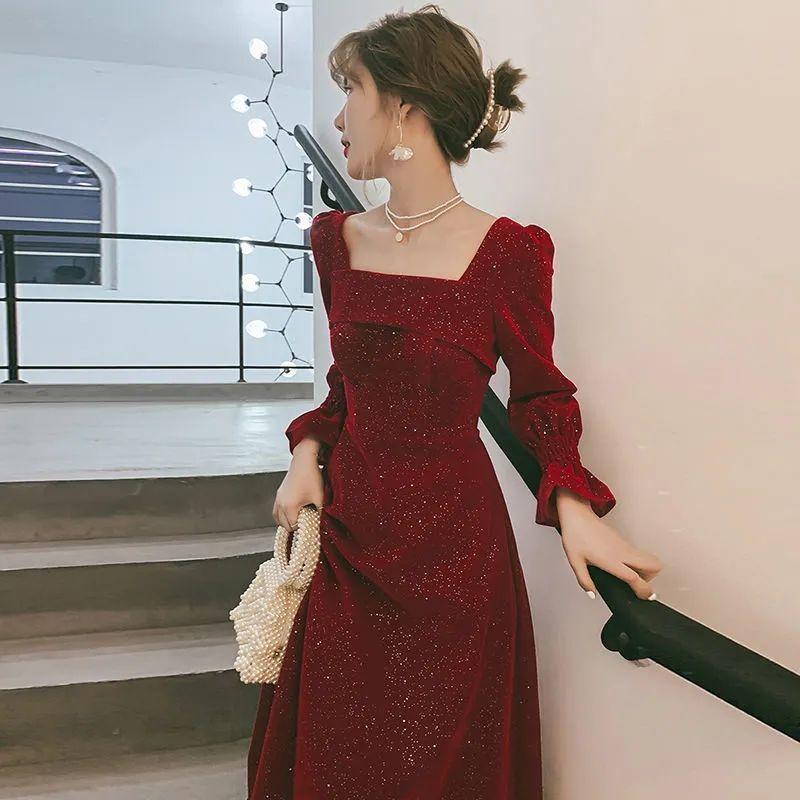 Product Introduction of Váy Ăn Tối, Hàng Mới Về, Dài Và Thanh Lịch, Quyến Rũ, Cổ Vuông, Màu Đỏ Rượu Vang Vang, Eo Bó Sát, Thích Hợp Mặc Hàng Ngày 2