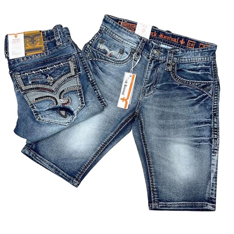 Quần sọt jean Rock likeau chỉ nổi màu xanh sáng Menswear - fom slim vừa vặn cho nam giới - Pants