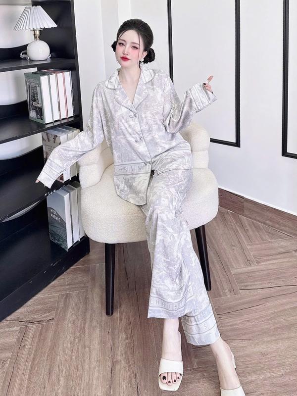 Đồ Bộ Pijama Dành Cho Nữ, Lụa Latin Mịn, Tay Dài (Dài Tay), In Loang Màu, Cổ Vest 6 Cúc,[Size 50kg-62kg, 63kg-75kg] Bigsize Nhung Voi