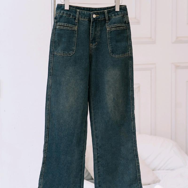 QUẦN JEAN NỮ QUẢNG CHÂU ỐNG XUÔNG TÚI VUÔNG TRƯỚC KHÔNG CO GIÃN MÀU XANH CHÀM 2355-5