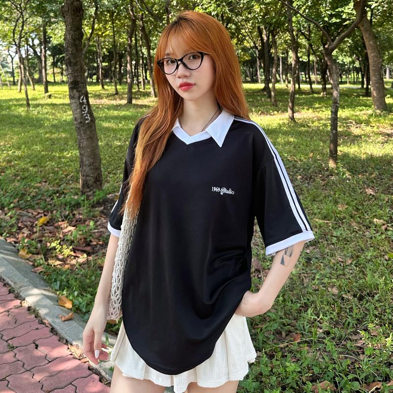 1969STUDIO Áo Polo Nam Nữ Chữ Thêu Sọc Tay Chất Polyeste Hot Trend Form Rộng Unisex