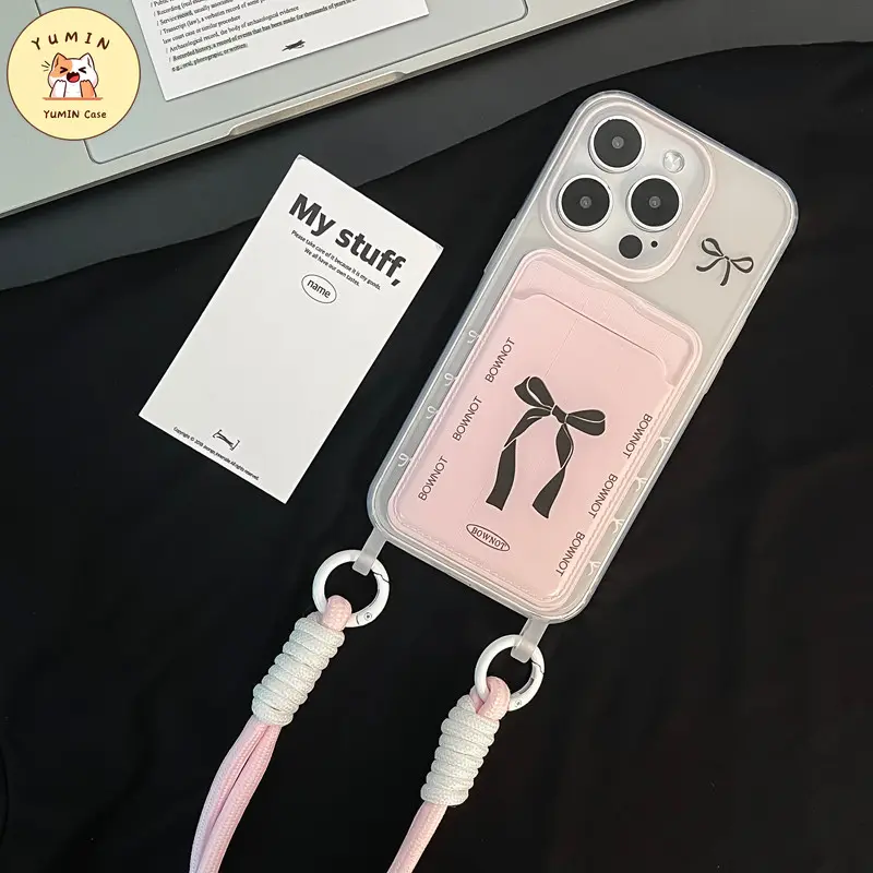 Casing Tempat Kartu Dompet Simpul Pita Hitam Lucu Kompatibel Untuk IPhone 11 13 15 12 14 Pro Max XR X XS Max 7 8 15 Plus 7Plus SE 2022 Fashion Kreatif Mewah Penutup Lembut 4