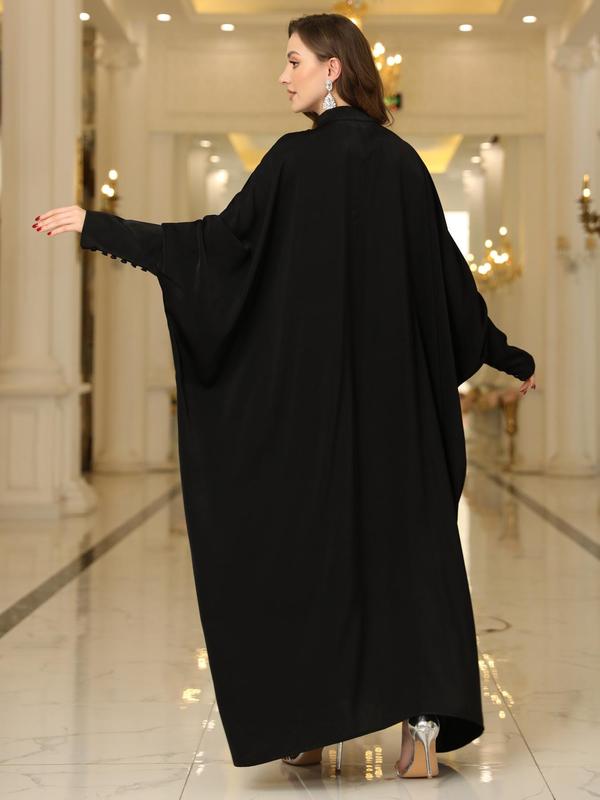 Arabic Clothing-Solid Button Front Batwing Sleeve Kaftan, Modest Mock Neck Long Sleeve Maxi Dress for Women, Women's Islamic Clothing for Spring, Modest Muslim Clothes 1