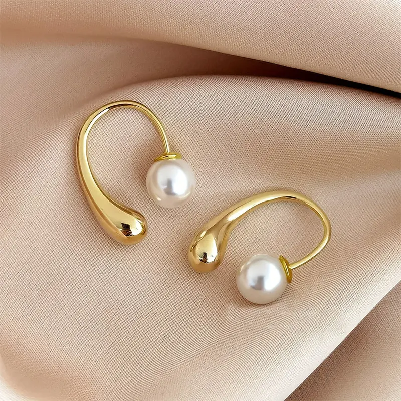 Bông Tai Xỏ Lỗ Ngọc Trai Hình Giọt Nước, Mạ Vàng, Bông Tai Thời Trang, Dành Cho Nữ
