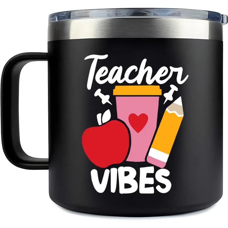 Teacher Vibes Letter Pattern Vacuum Flask, 14oz Stainless Steel Insulated Coffee Mug, Leak Proof Water Bottle for Home Office School, Drinkware 0