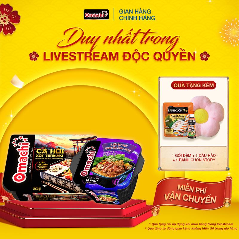 Combo gồm Cơm tự chín Omachi cá hồi áp chảo xốt Teriyaki hộp x 353g + 1 lẩu tự sôi bắp bò riêu cua