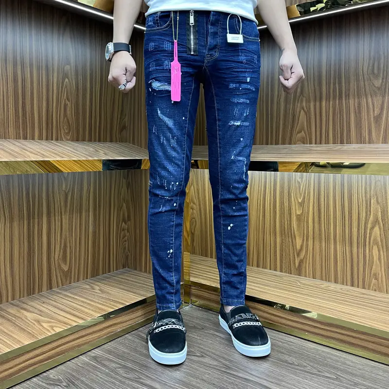 Quần Jeans nam xám bạc rách khóa lệch sước bốn cúc 7