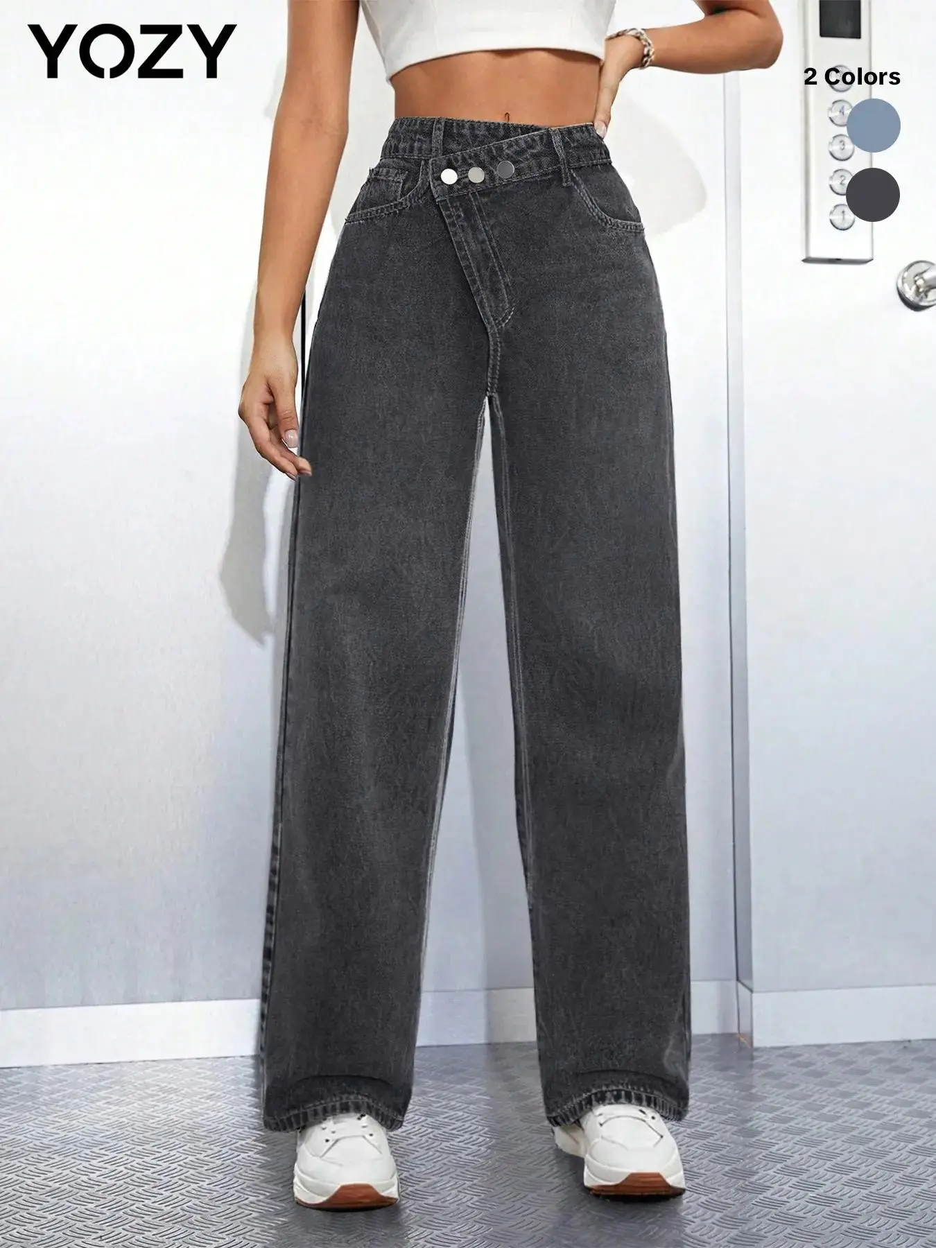 YOZY Valentine's Day Gift for Girl, Women's Plain Pocket Overlap Waist Straight Leg Pants, Casual Comfy High Waist Trousers for Daily Wear, Ladies Bottoms for All Seasons, Fall & Winter Clothes