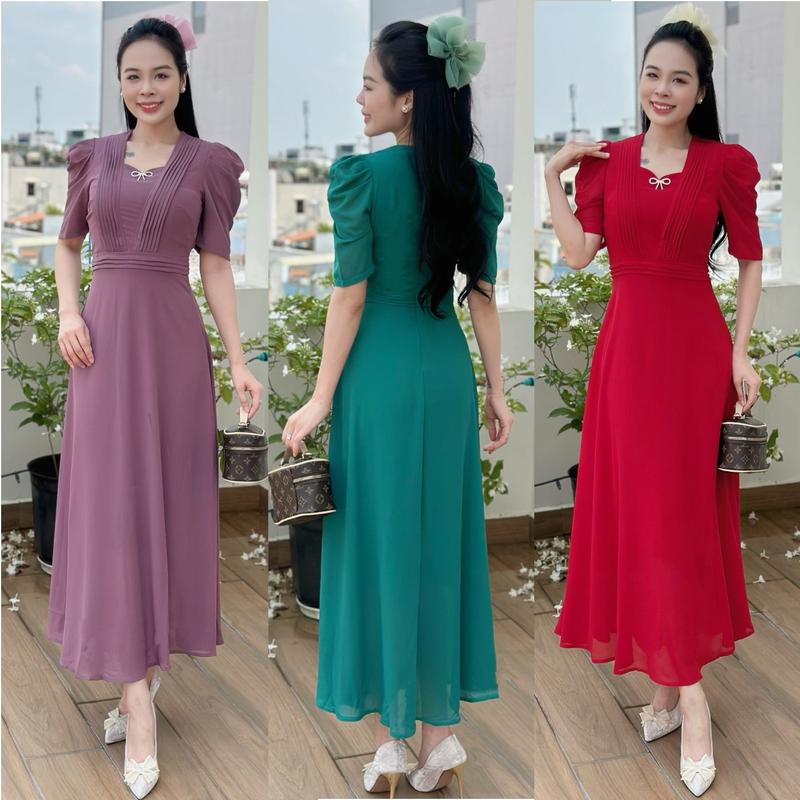 Đầm maxi form dài xếp ly 2 bên ngực, kèm phụ kiện nơ rời, tay phồng - GR0313 (HÌNH THẬT SHOP CHỤP) Nữ Women Tím Dress