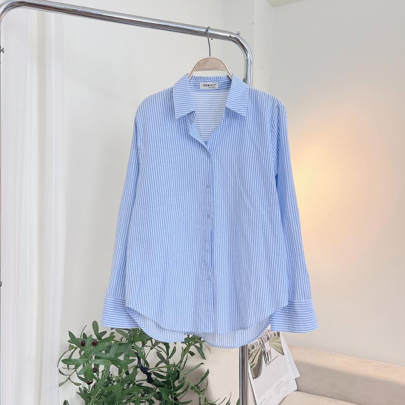 Áo Sơ Mi Nữ Kẻ Sọc Pastel Cotton Đũi Mềm Dài Tay Trơn Form Rộng Vừa Phải, Sơ Mi Công Sở Sọc Kẻ Freesize Top Shirt có thể giặt máy