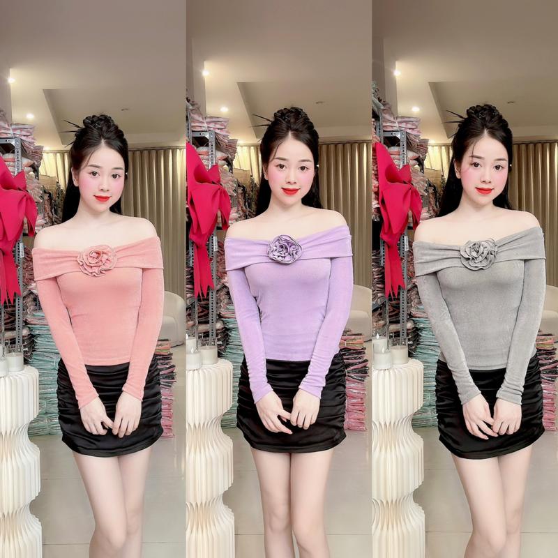 (P67) Áo nhũ thiết kế trễ vai cách điệu hoa cuộn thủ công áo thun kiểu nữ áo thun ôm body nữ đi tiệc đi làm đi chơi by Thương Lê P67